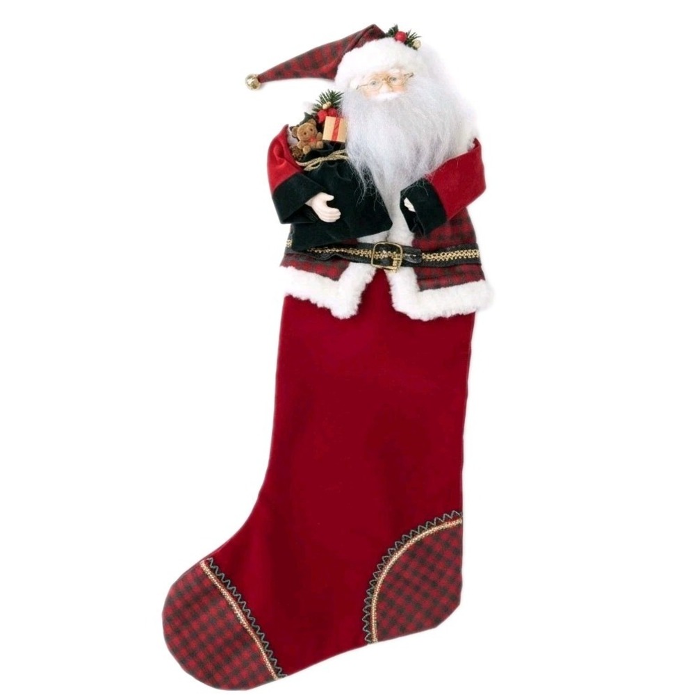 Vintage Traditions Porcelain Santa Velveteen Christmas Stocking 25" 3D